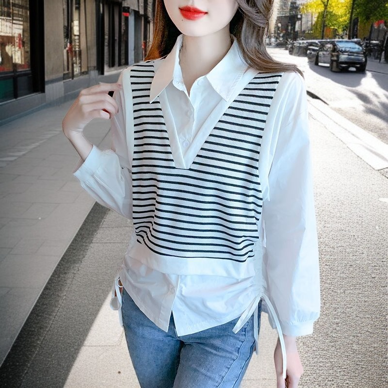 レディースフェイクツーピースストライプシャツ
