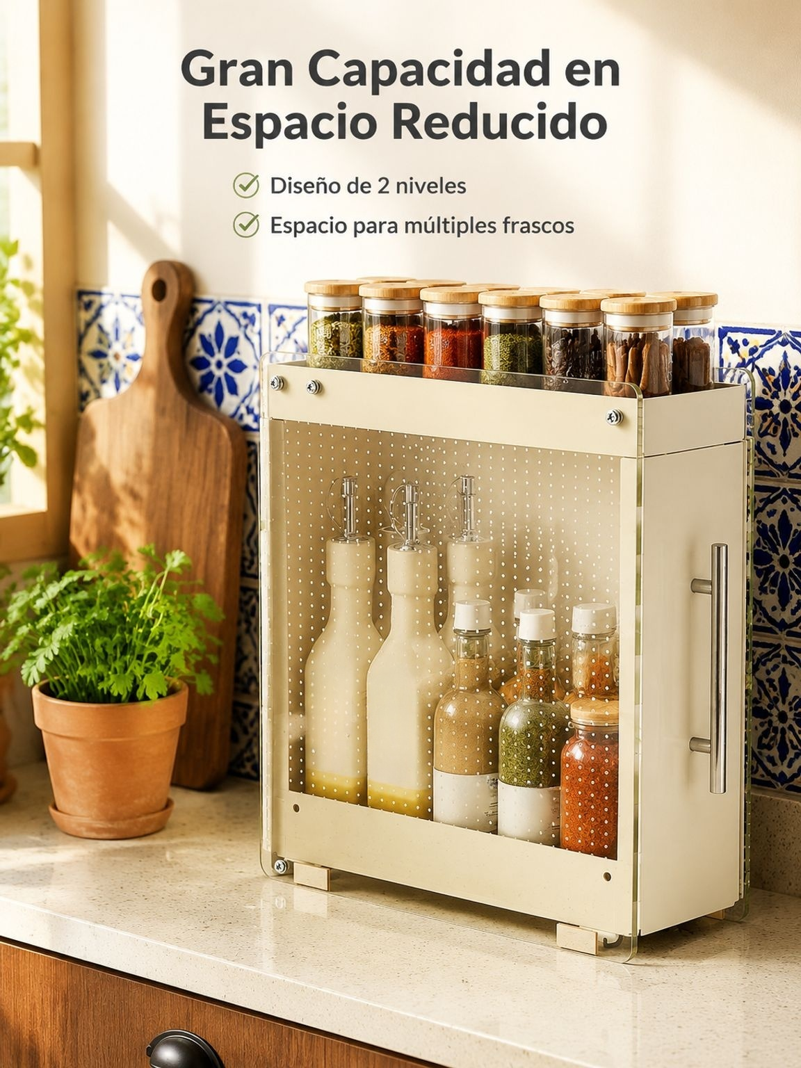 Soporte extraíble para frascos de especias instalado en cocina