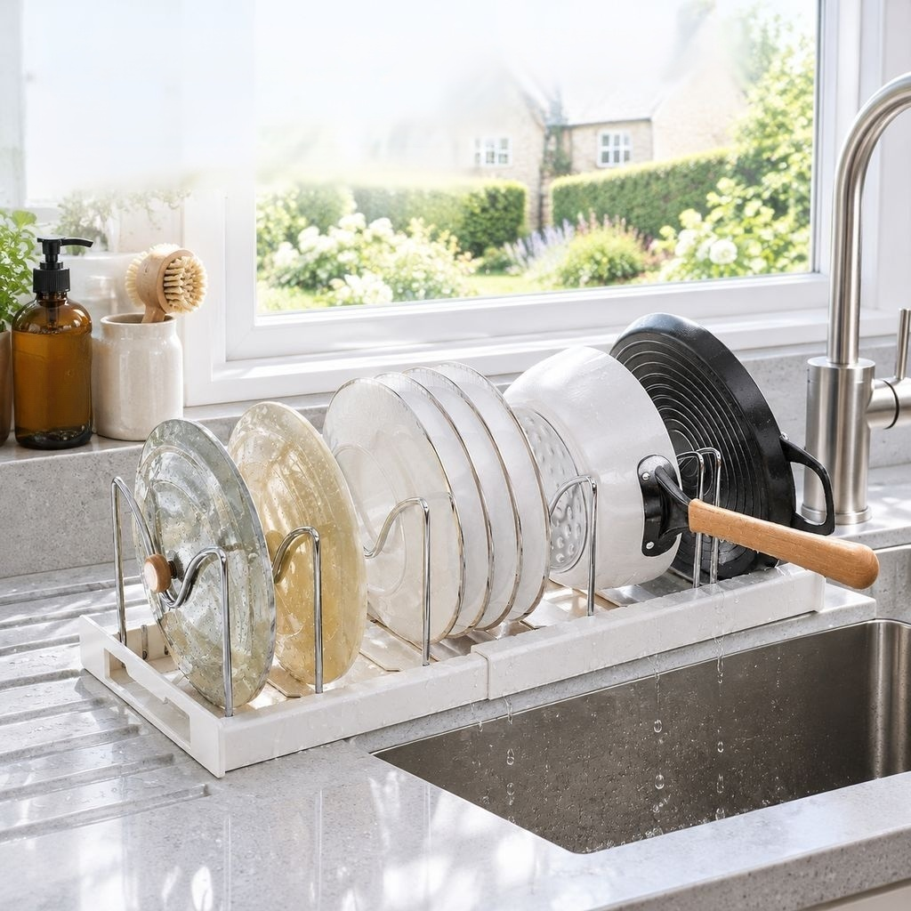 Adjustable Expandable Stainless Steel Pot Lid Rack & Pan Dish Organizer