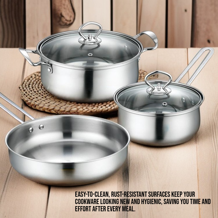 Stainless Steel Cookware Set - 3-Piece Kitchen Pots, Thickened Milk Pot & Frying Pan
