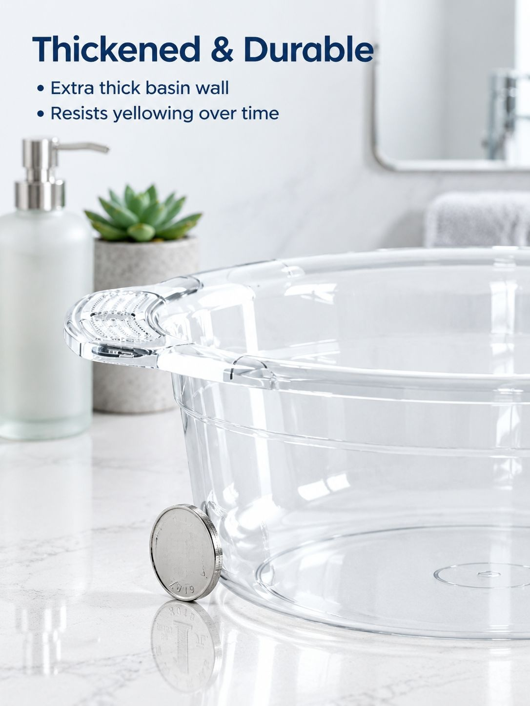 Side view of the transparent wash basin with thickened edges for added durability