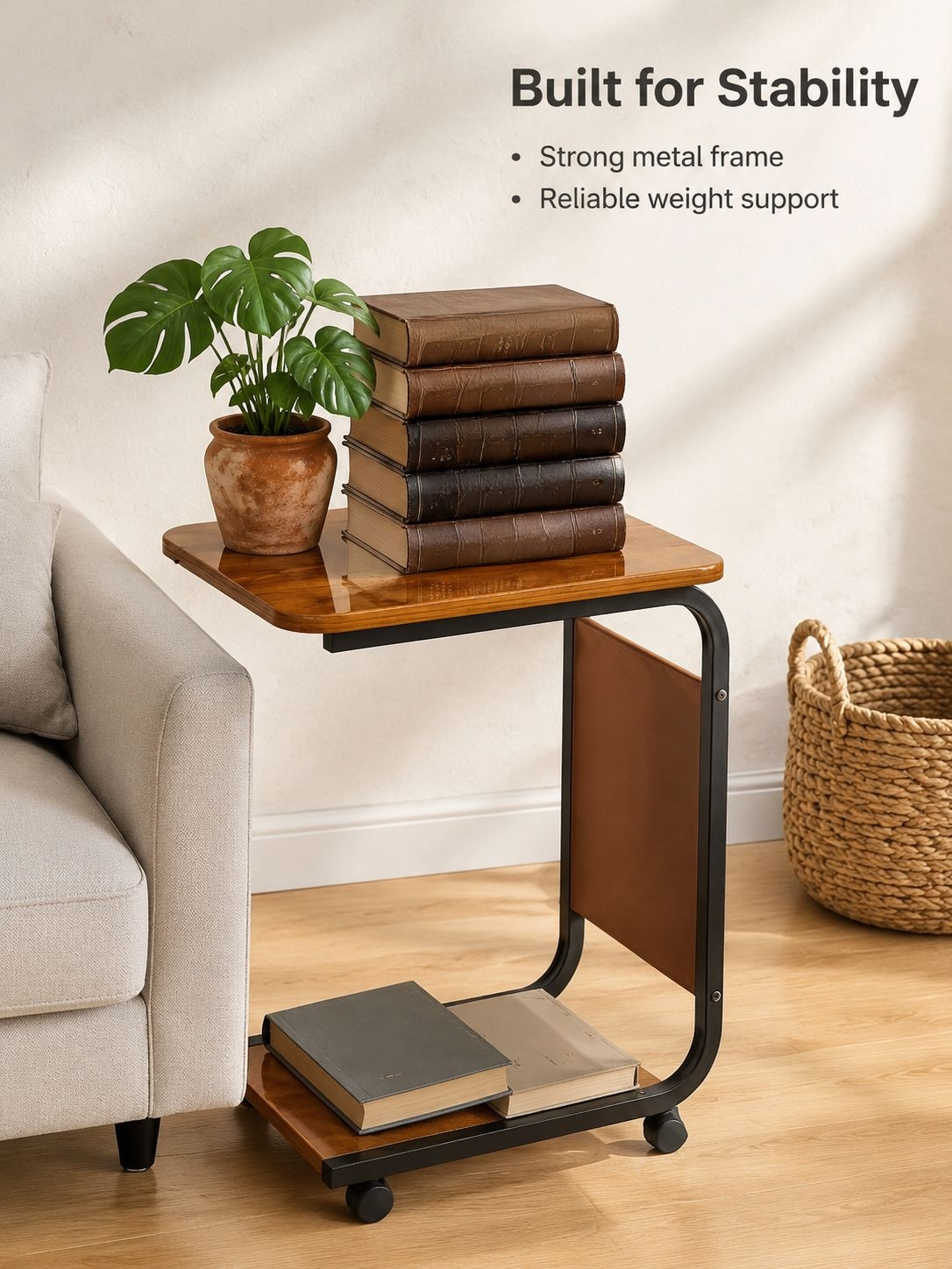 Portable sofa side table for drinks books and decorations