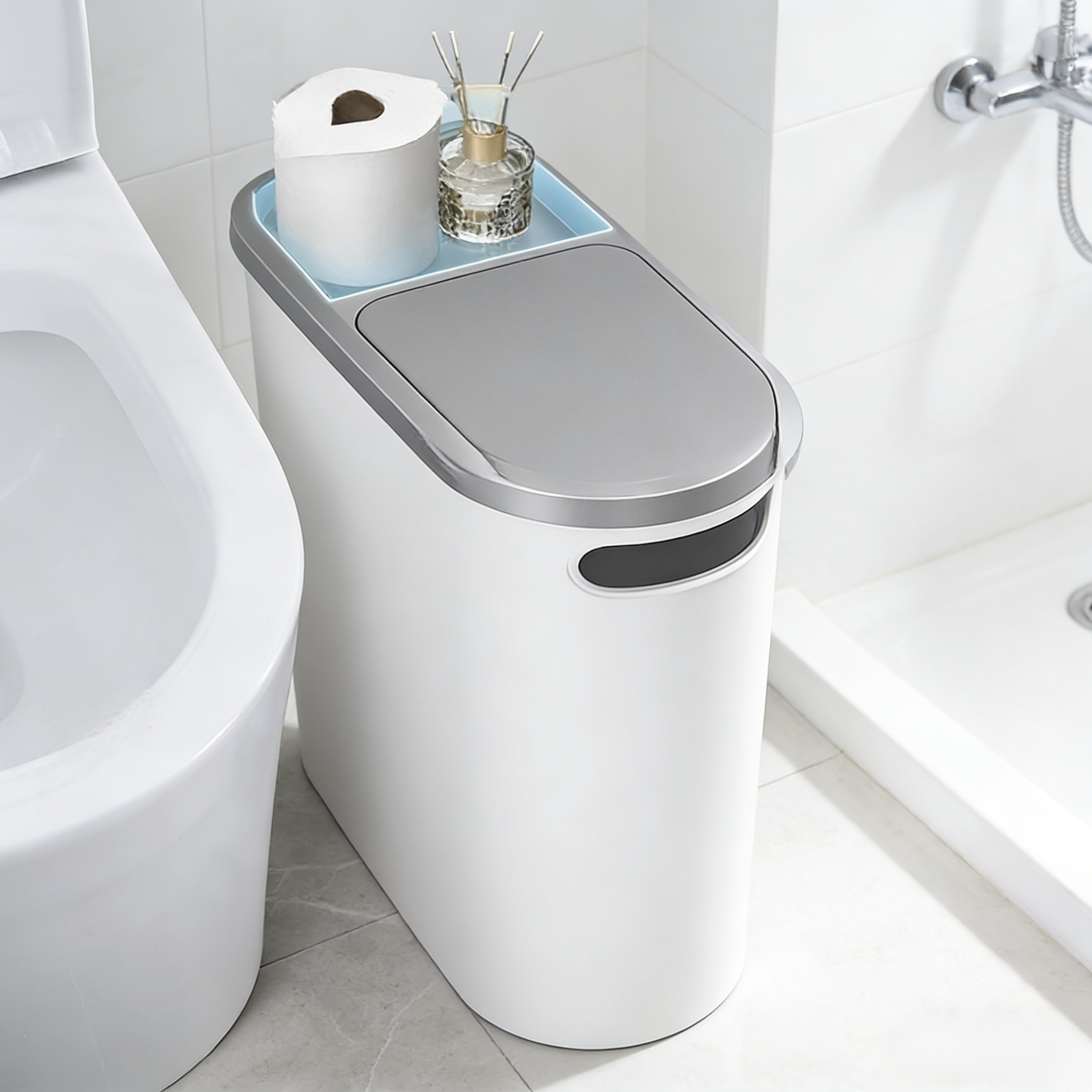 Push-button snap-on lid narrow-type trash can