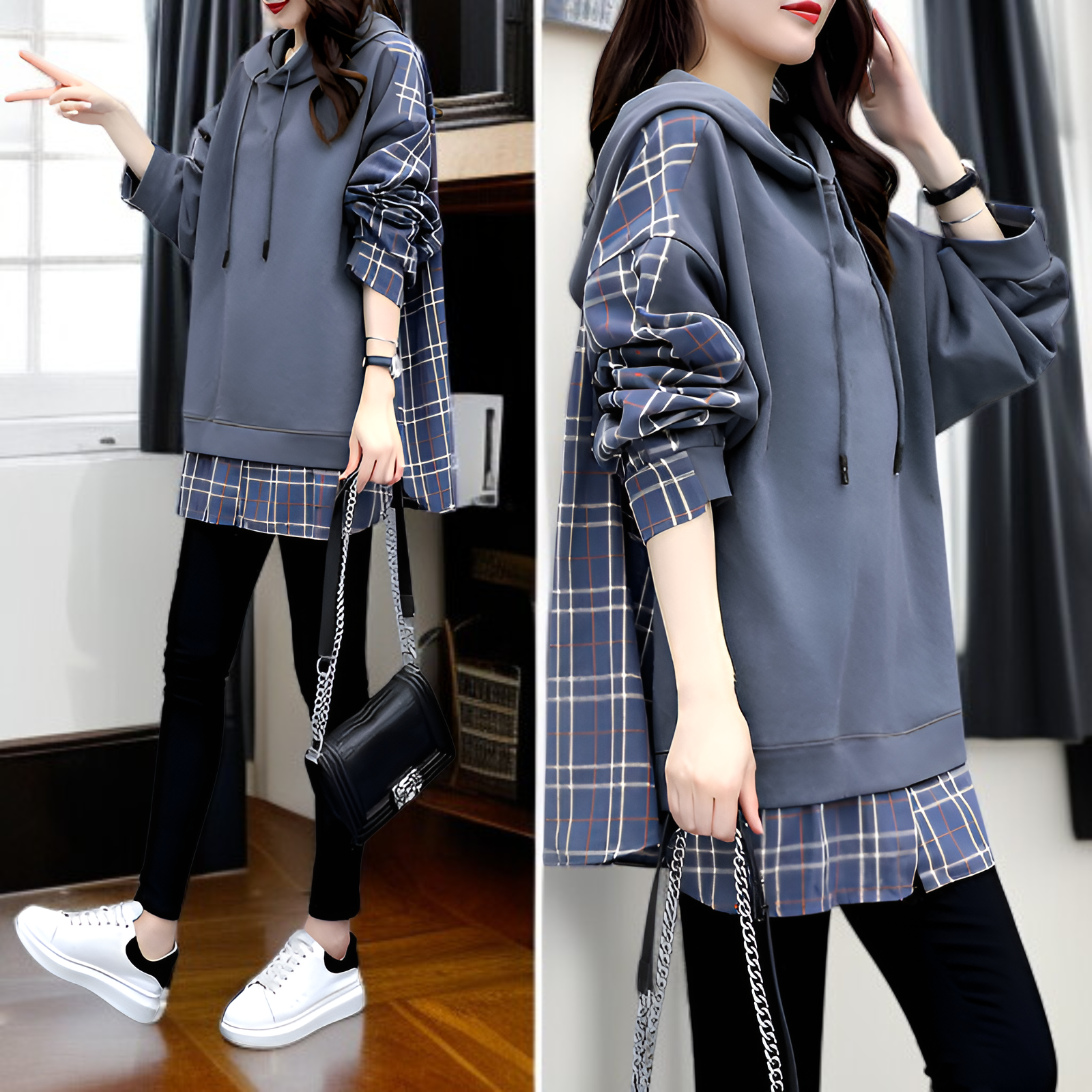 レディースチェック柄パッチワークフェイクツーピース長袖スウェットシャツ前面画像