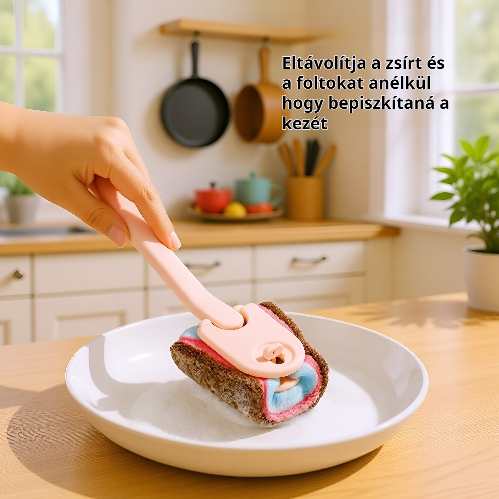 Hosszú nyelű tisztítókefe szivaccsal, konyhai mosogatószivacs és edénykefe