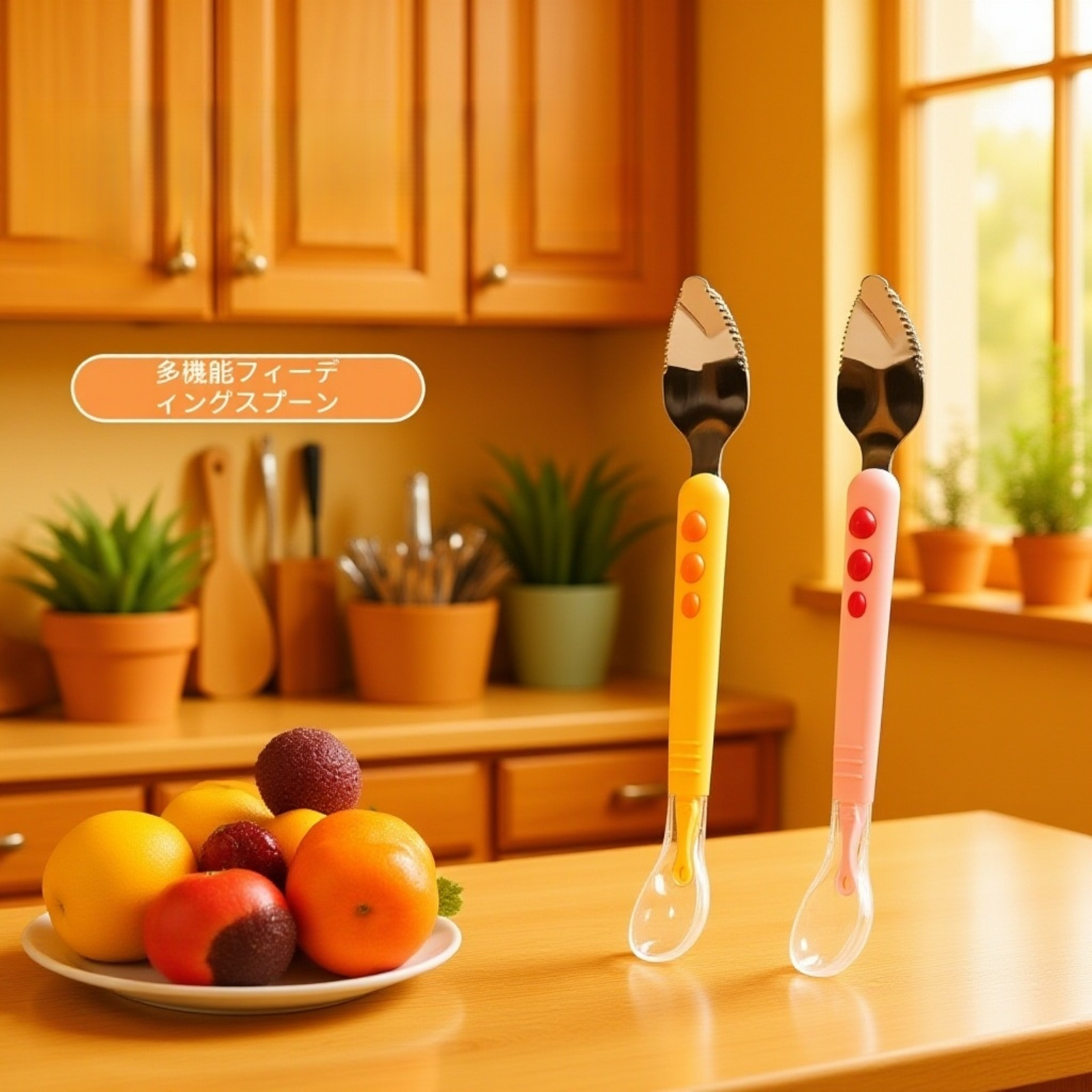 ステンレス製ベビー用フルーツ離乳食シリコンスプーン 子供用食器