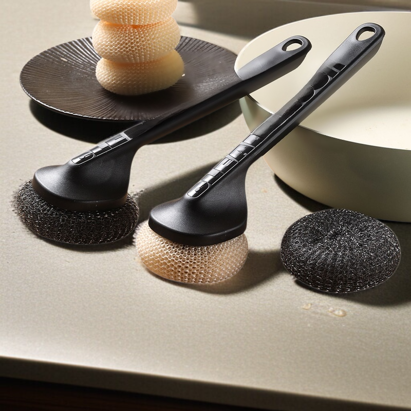 Stainless steel dishwashing brush with replaceable handle