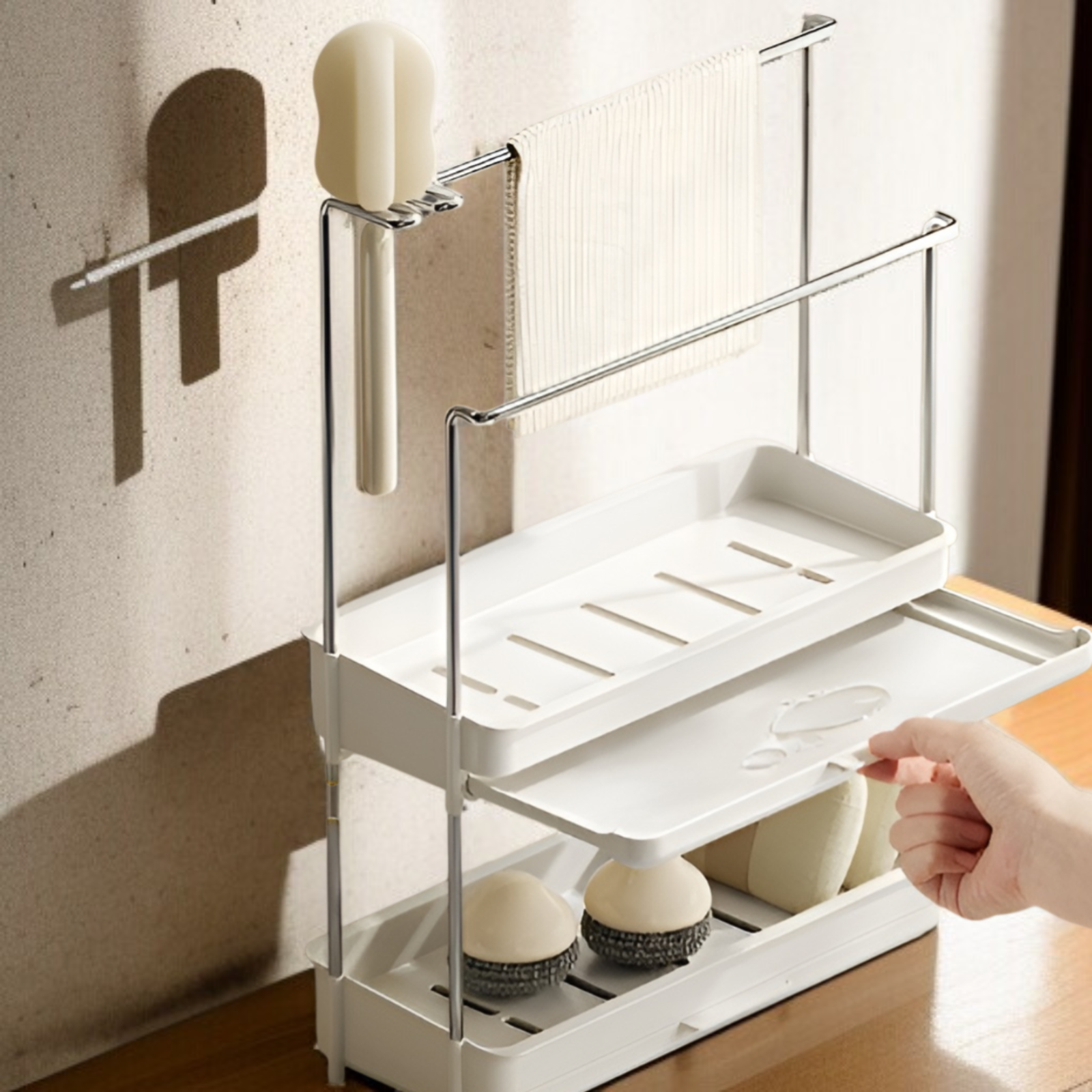 雑巾ラック 排水ラック キッチン用品ラック スポンジ 排水収納 吊り下げタオル 多機能 カウンタートップシンク