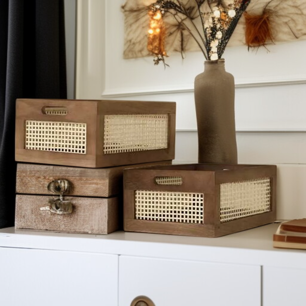 Organizador de mimbre cuadrado, canasta decorativa de ratán