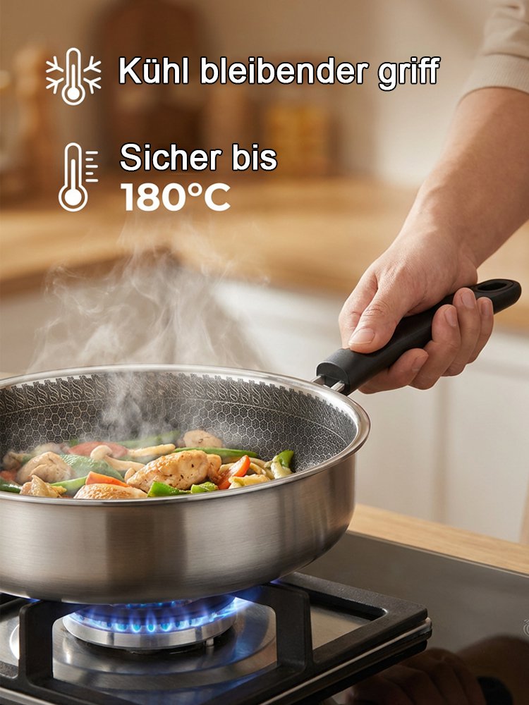 Edelstahlpfanne zum Braten von Eiern und Steaks.