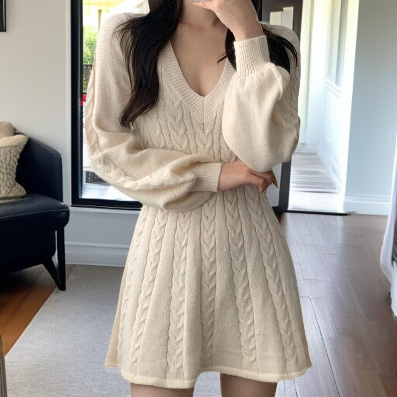 秋冬のヴィンテージ風麻の花柄Vネックウエストマークの小柄ロングスリーブAラインニットワンピース女性向け