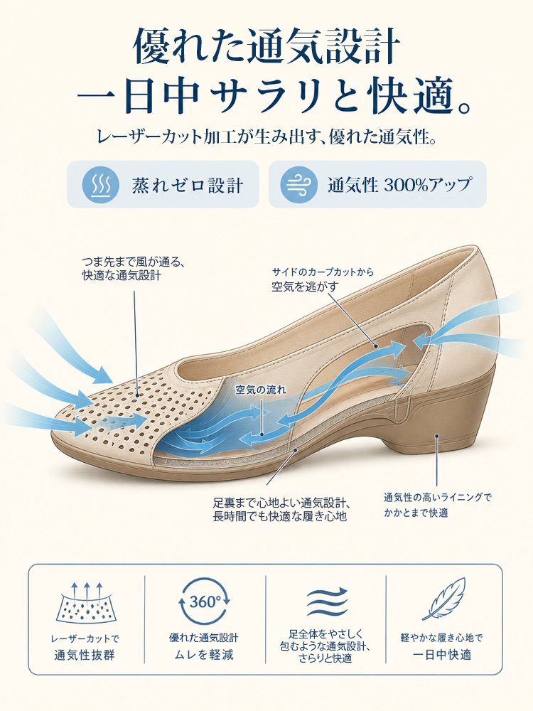 メッシュ素材ウェッジヒールパンプス