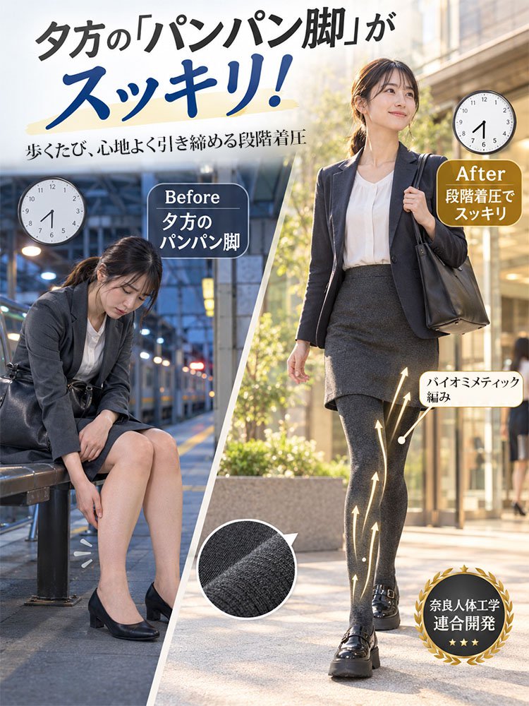 レディース 美脚着圧リブタイツ