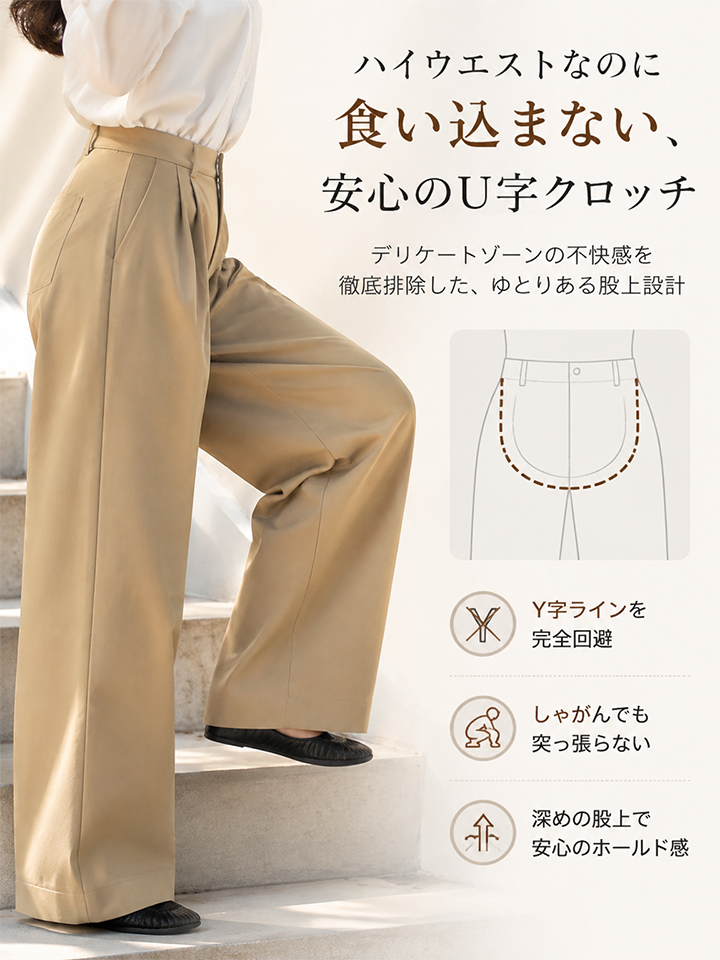 Monolly 着回し抜群 ハイウエスト ワイドパンツ