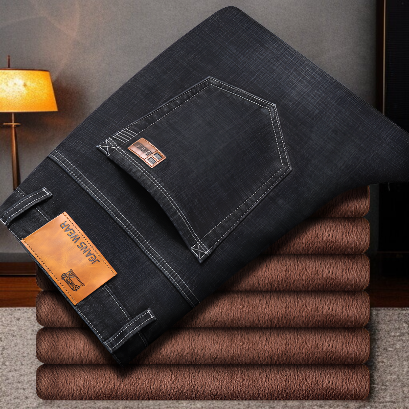 秋冬のゆったりとしたストレート筒に厚い保温男性用ズボンに綿入りジーンズ男