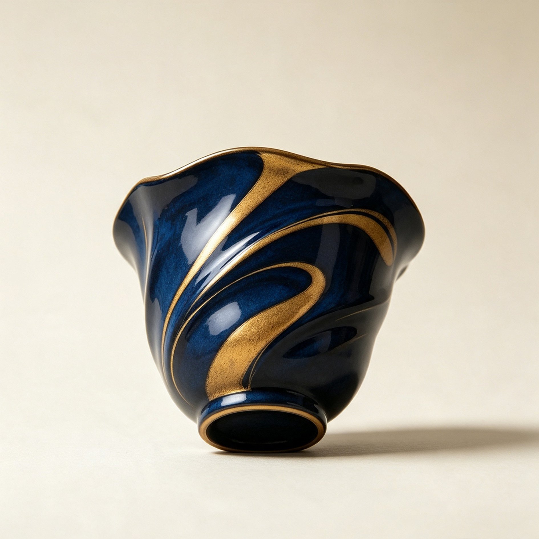 Blue-glazed gilt ceramic flower-shaped cup