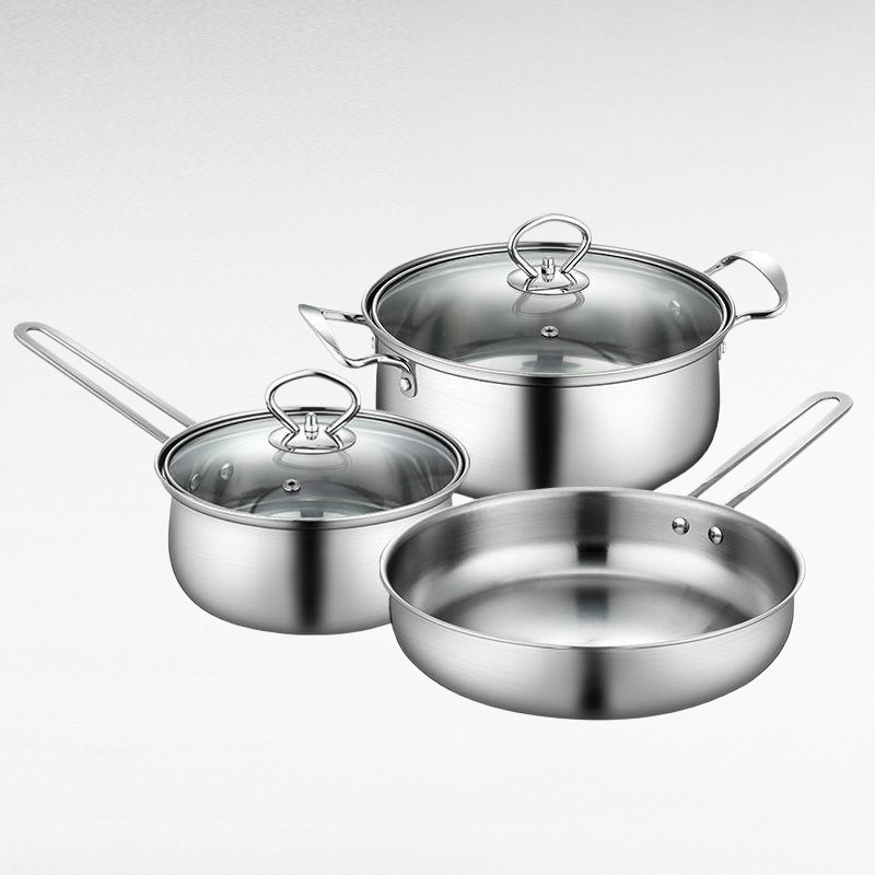 Stainless Steel Cookware Set - 3-Piece Kitchen Pots, Thickened Milk Pot & Frying Pan