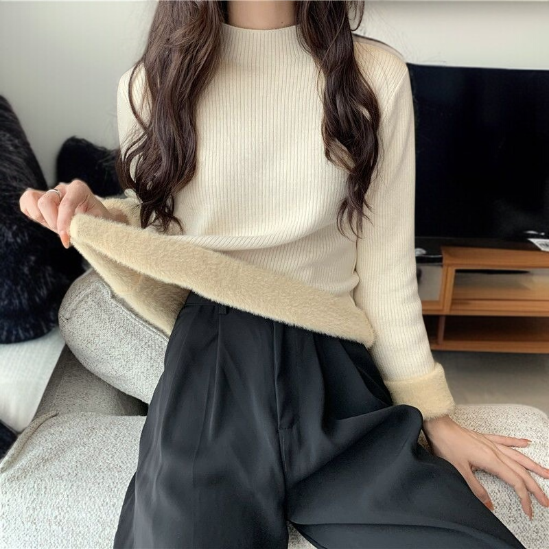 中わた入り厚手ニットレディース長袖ワンピースフリーストップス秋冬ボトムスシャツハーフハイネックニットソー