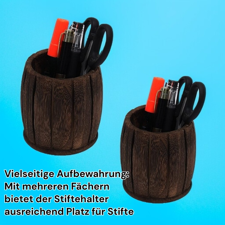 Schreibtisch-Stiftehalter aus Paulownia-Holzkohle auf einem modernen Arbeitstisch