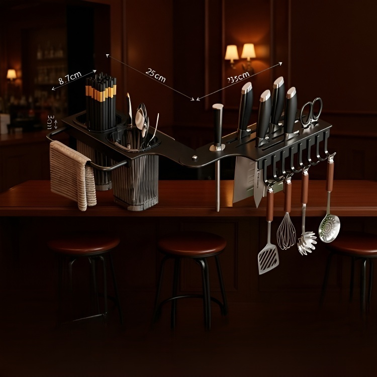 Nástěnný kuchyňský rohový stojan na nože a hůlky s integrovaným úložným prostorem