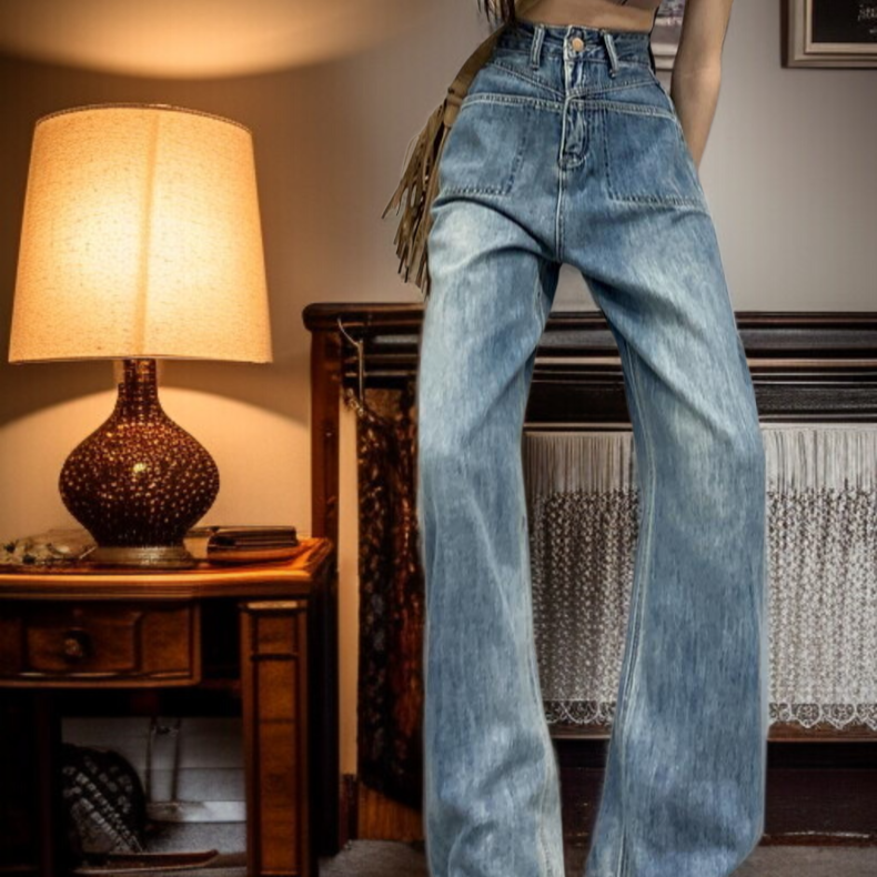 여성 하이웨스트 와이드 데님 슬리퍼 앞포켓 하이웨스트 스트레이트 팬츠