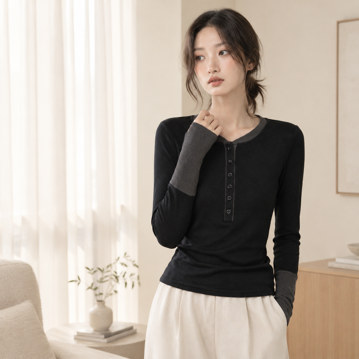 봄가을 여성 배색 버튼 레이어드 긴팔 이너 티셔츠