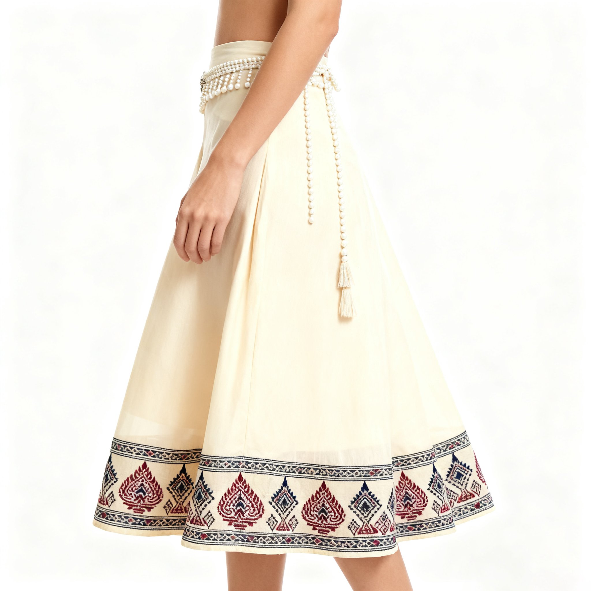 กระโปรงแฟชั่นเอวสูงประดับไข่มุกพร้อมสายเข็มขัด ดีไซน์สวย