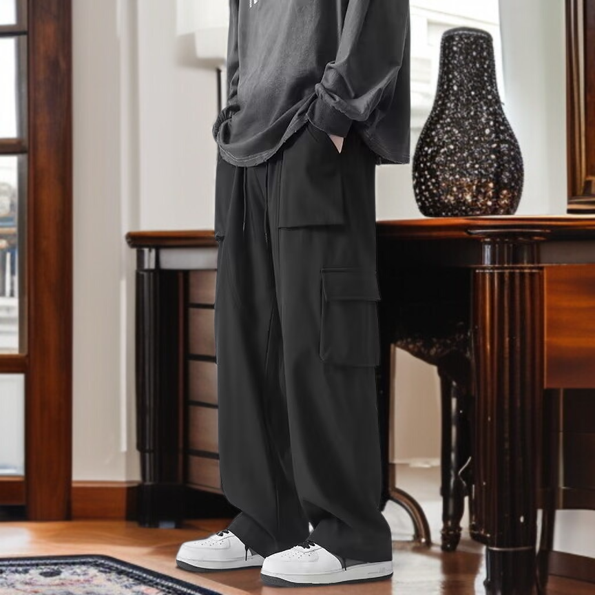 メンズスポーツパンツ メンズ春ストレートレッグパンツ ブラック メンズワークパンツ