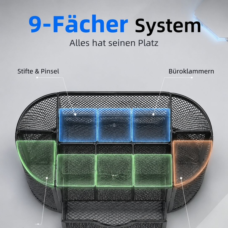 Metallgitter-Stifthalter mit neun Fächern, kombinierbare Schreibtischbox