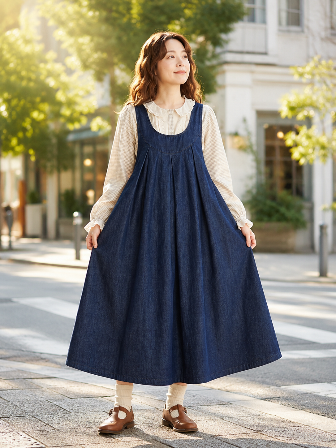 日本風ゆったりデニムベストワンピース