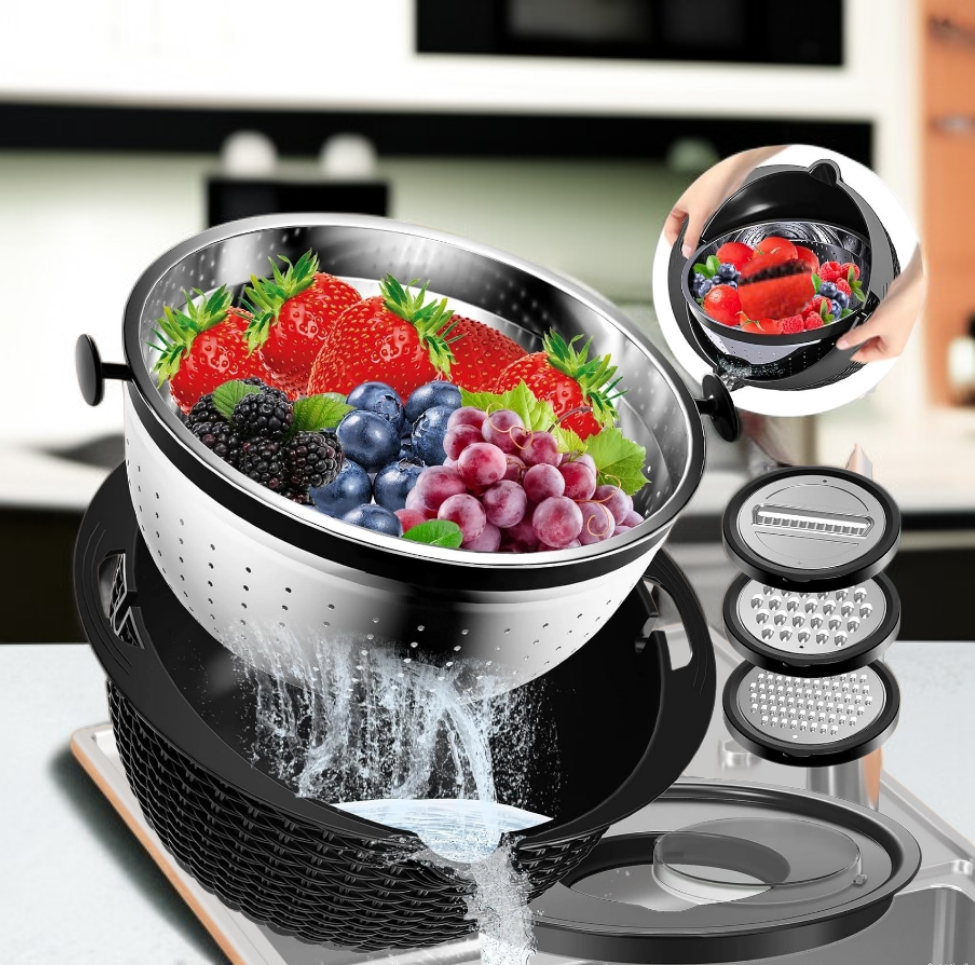 Drehbarer Doppelschicht-Gemüsewaschkorb aus Edelstahl für den Haushalt