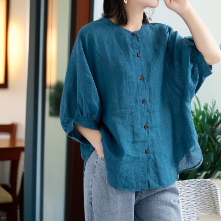 여성 빈티지 문예 벌룬 소매 셔츠 빅사이즈 루즈핏 반팔 셔츠 상의 여성 루즈핏 셔츠