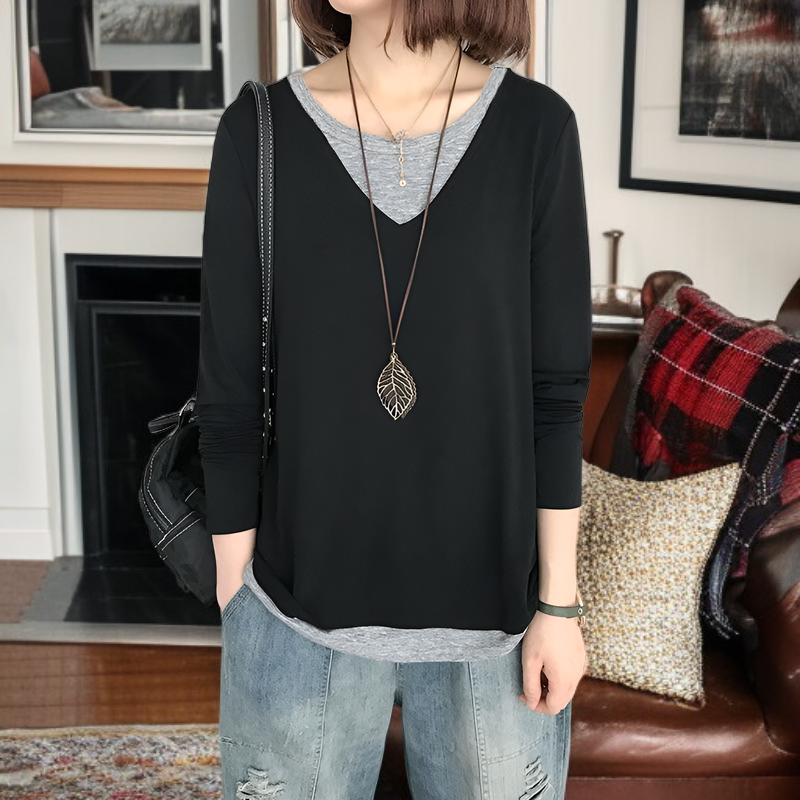 レディース秋長袖Tシャツ韓国風パッチワークデザイン