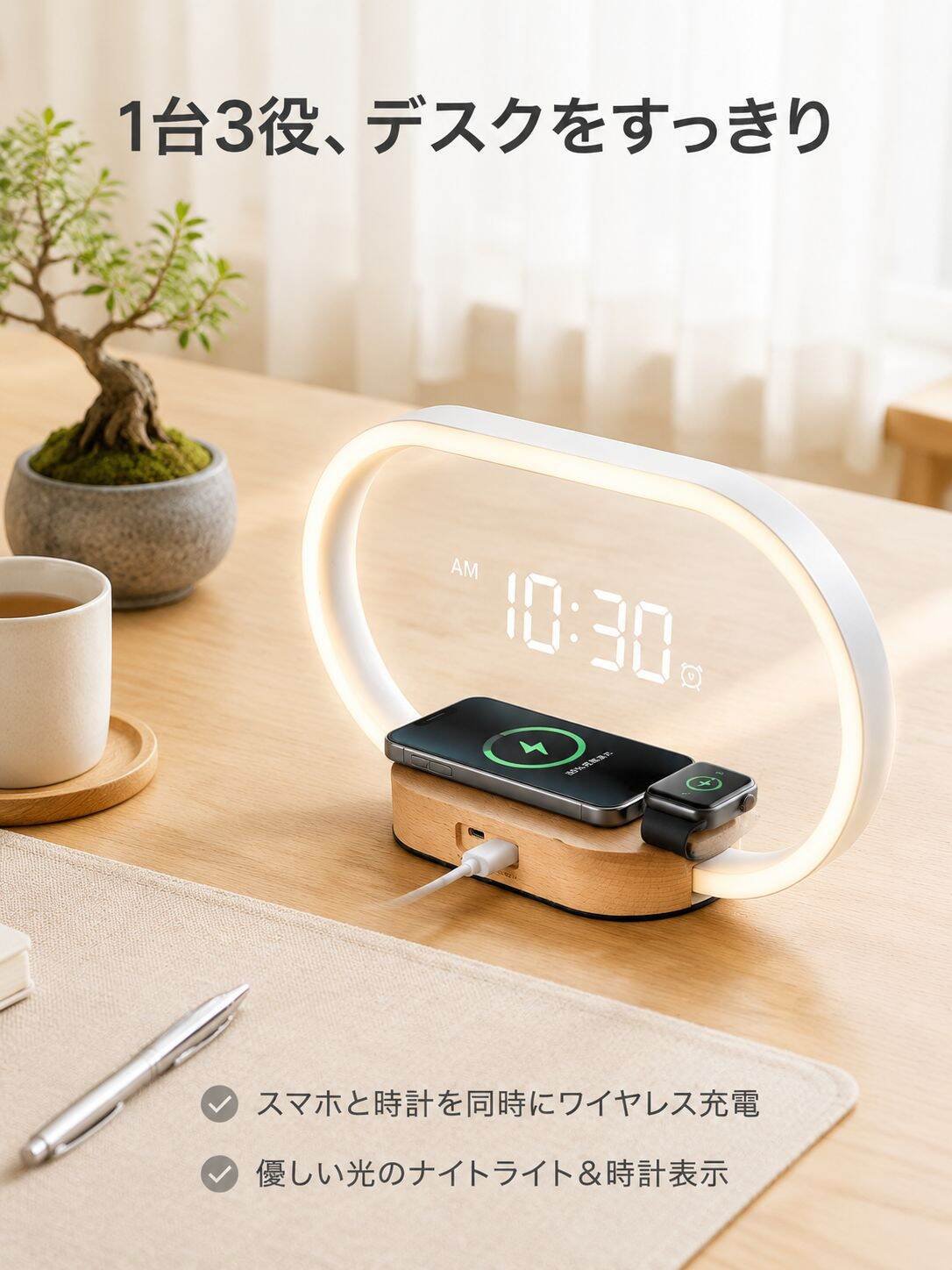 時間表示機能付き多機能スマホ・腕時計用ワイヤレス充電器 アクリルナイトライト付き ギフトおすすめ