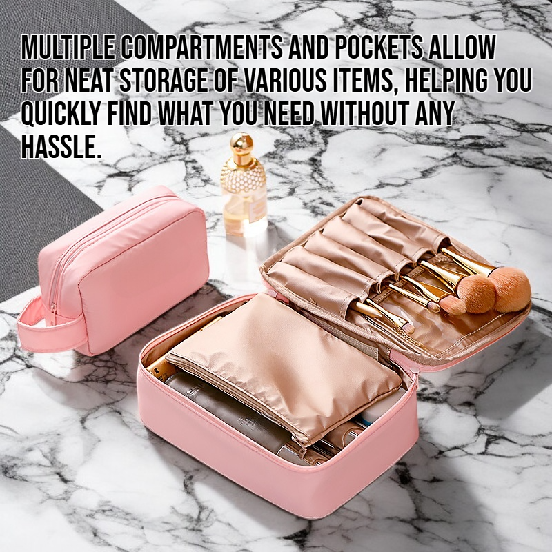 Portable waterproof wash bag with handle on bathroom counter