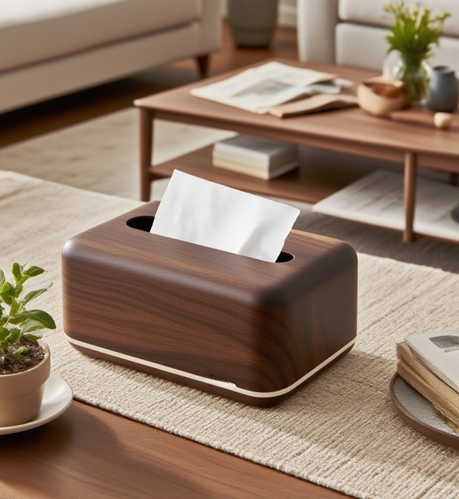 집 거실에 놓인 감성 호두나무 종이 뽑기 상자