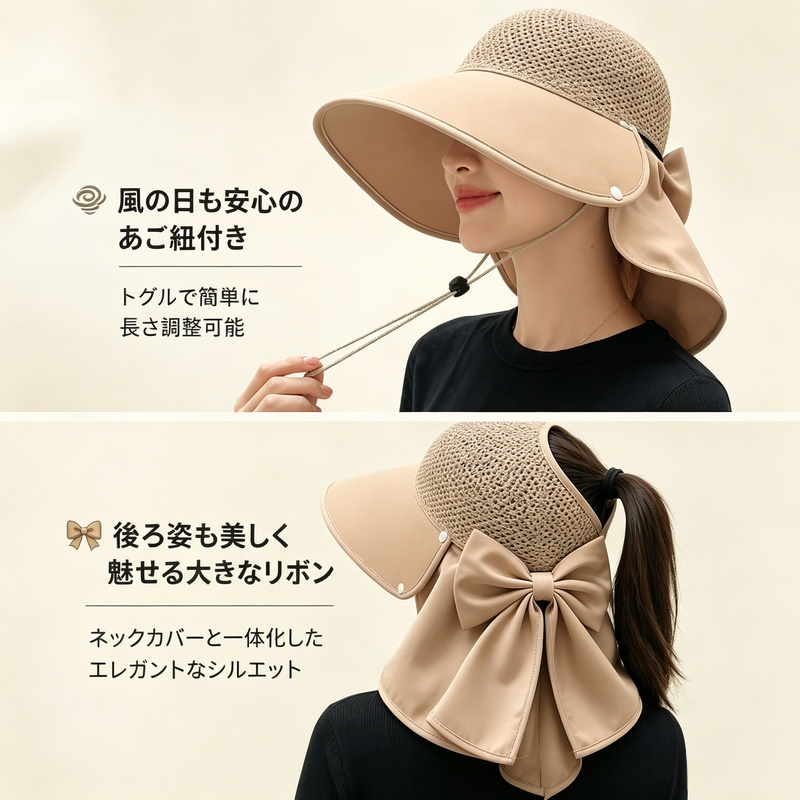 首筋まで守る日除け帽子