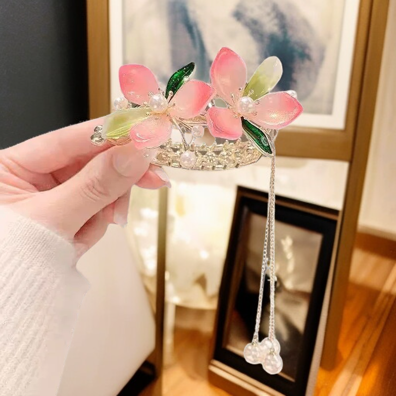 新中式桃花タッセル団子ヘアピン・ポニーテール髪飾り