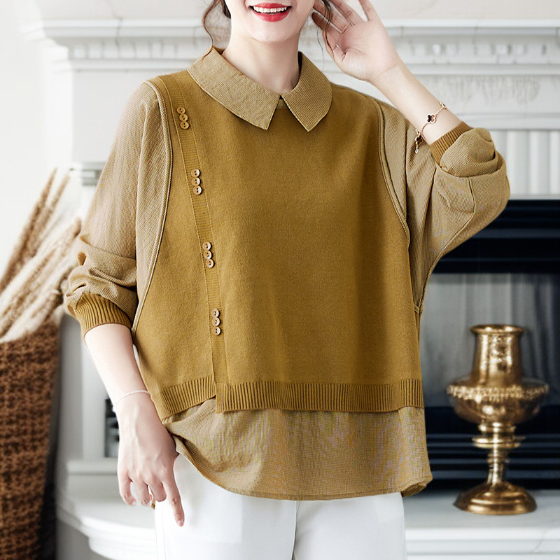 패션 셔츠 엄마 봄옷 이너 스몰 셔츠 빅사이즈 셔츠 칼라 중년 여성복 가짜 투피스 상의 통통 엄마 셔츠