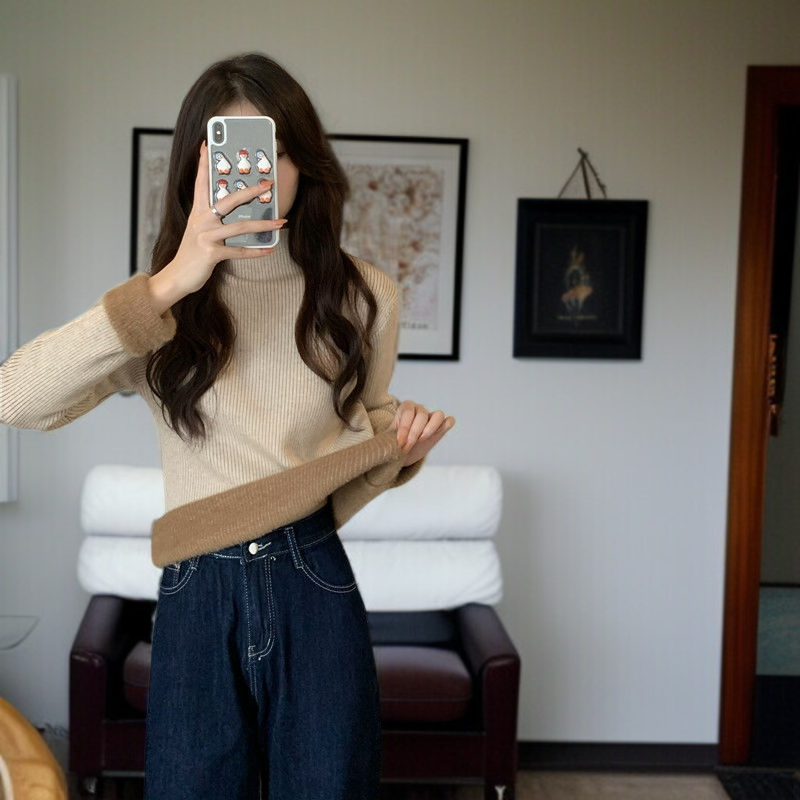 中わた入り厚手ニットレディース長袖ワンピースフリーストップス秋冬ボトムスシャツハーフハイネックニットソー