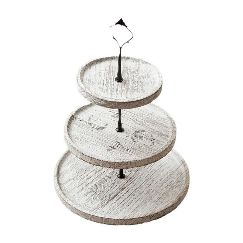 Présentoir à desserts rond à deux niveaux en bois