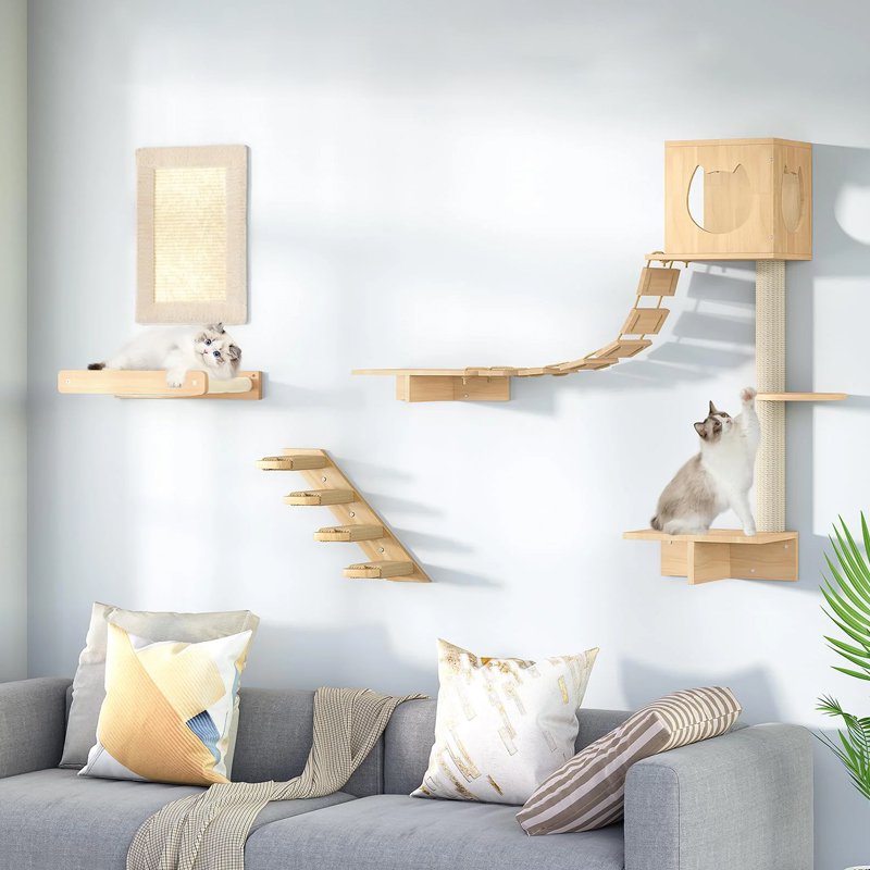 ชั้นวางของแมวที่แข็งแรงทนทานชุดเฟอร์นิเจอร์ผนังแมวชุดเกมบ้านเปลญวนไม้แมวแบบกำหนดเอง