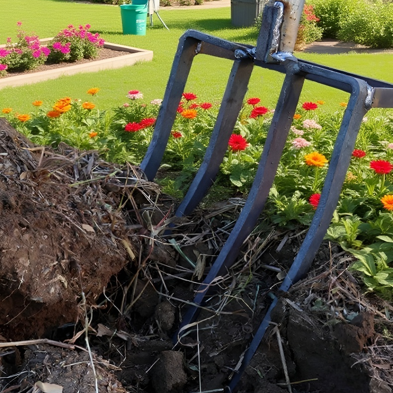 耕作作業中の四叉シャベル使用イメージ