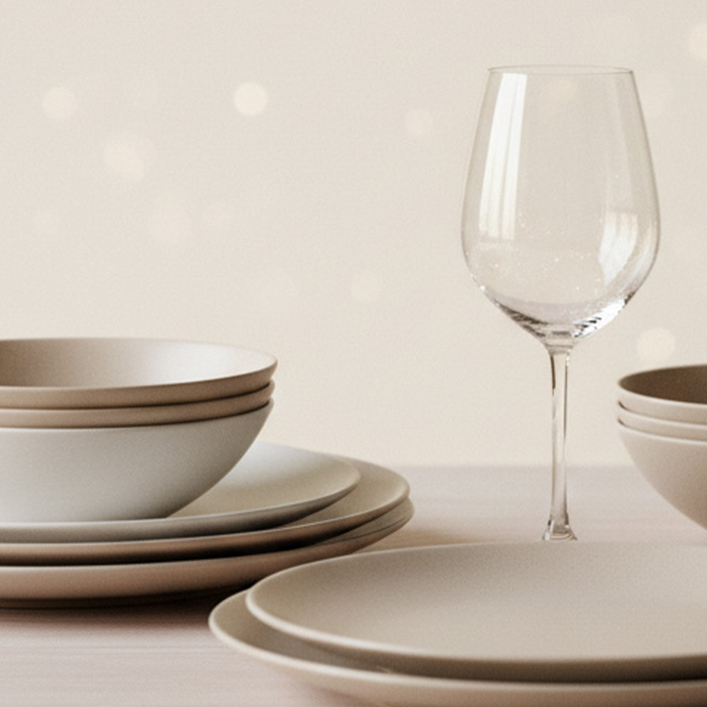 Conjunto de vajilla doméstica con platos, cuencos y copas