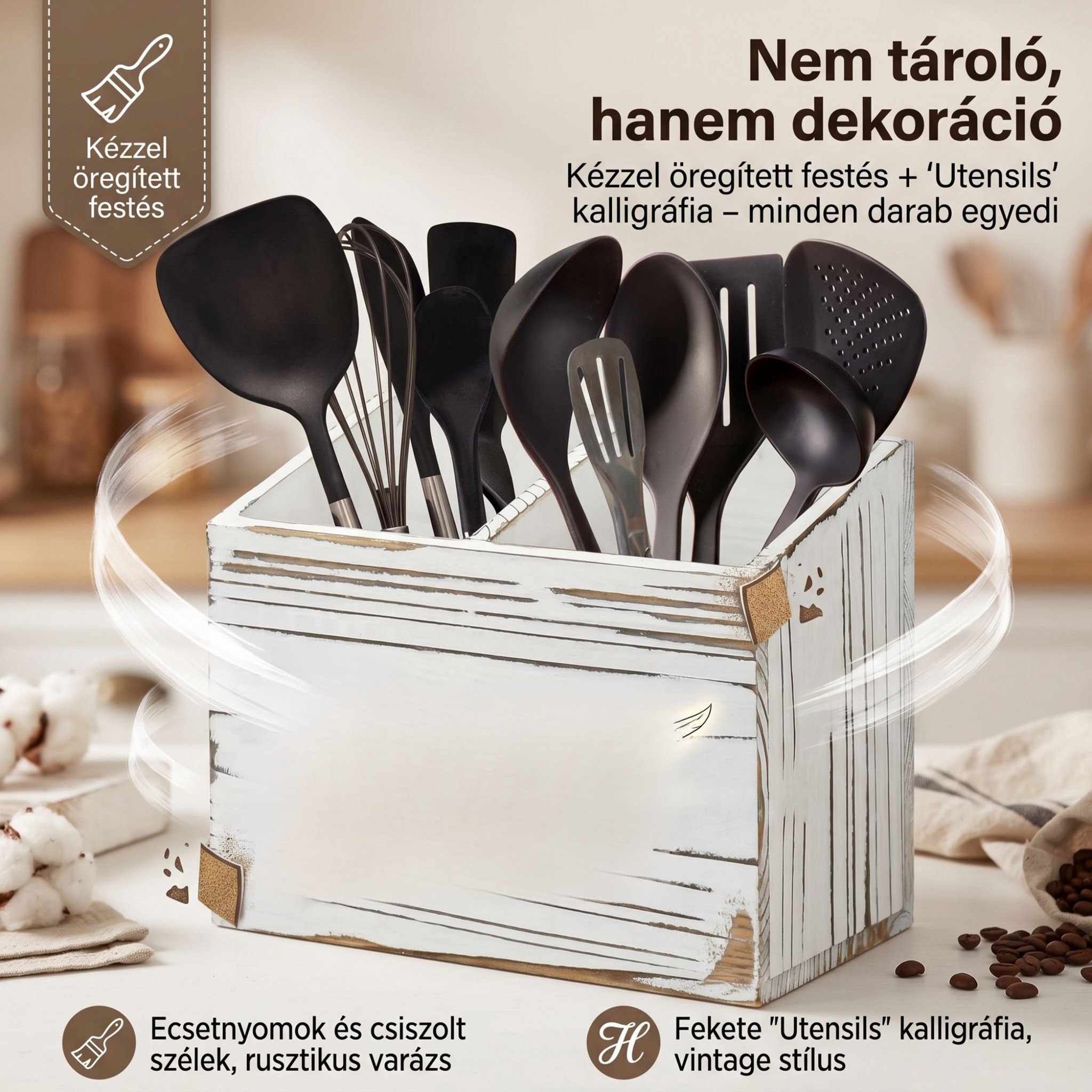 Háztartási szénnel kezelt fenyőfa tárolódoboz konyhai és sminkeszközök számára