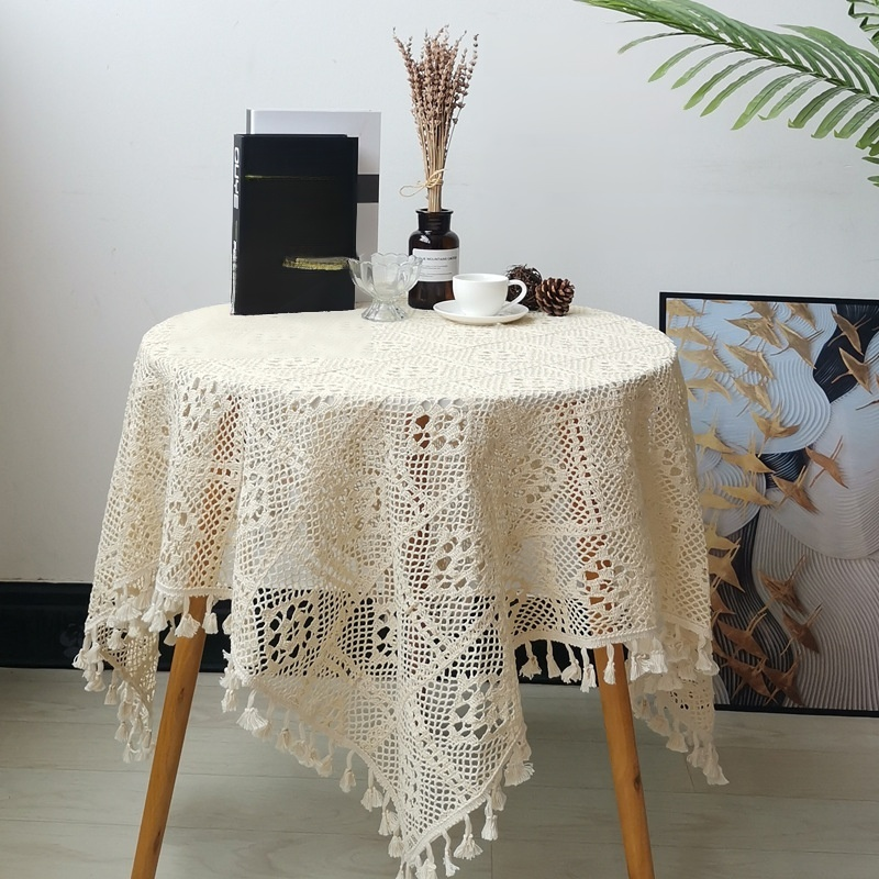 Chinese Hollow Lace Dining Tablecloth Rectangular & Round Tea Table Cover for Photo Shoot