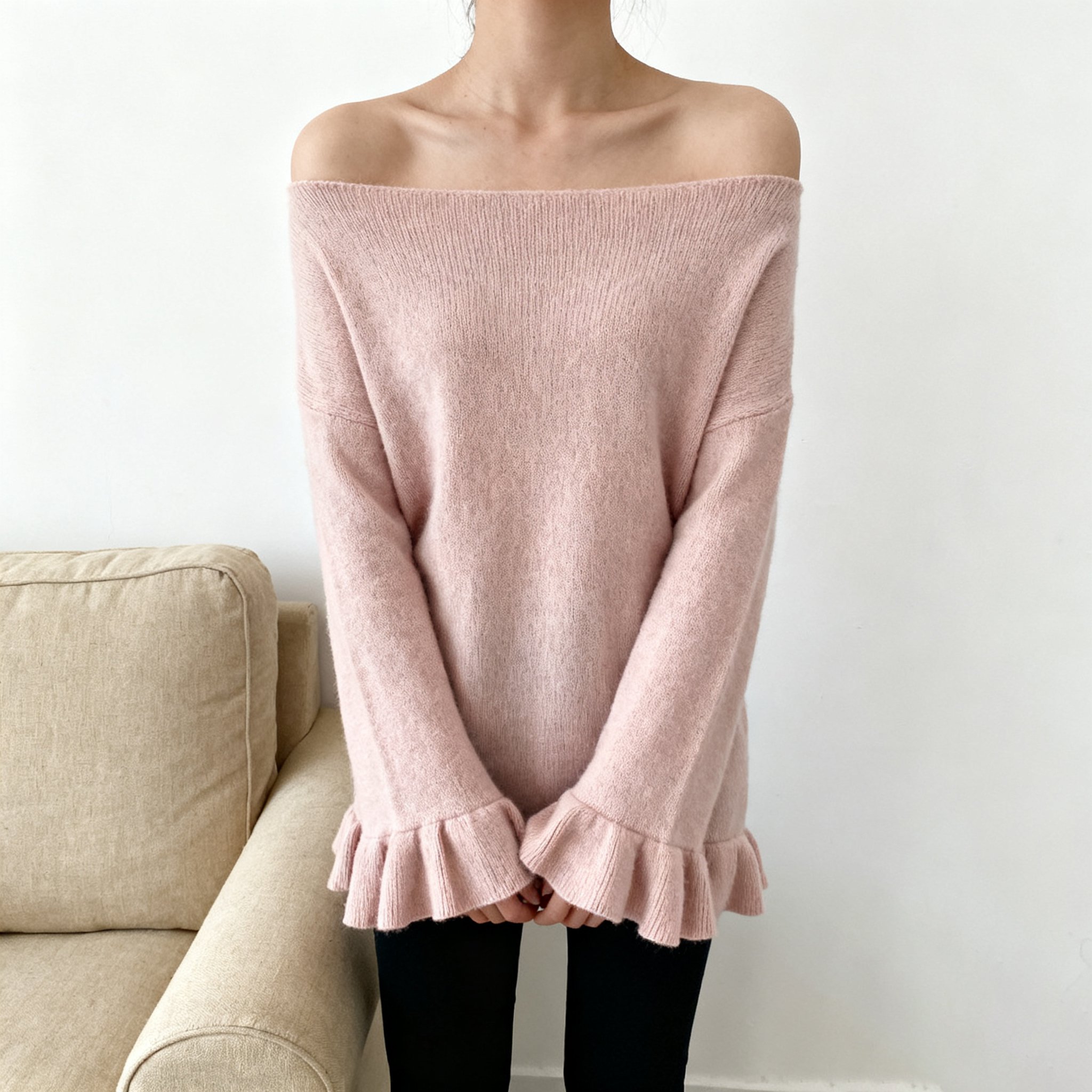 オフショルダー ラッフルスリーブセーター