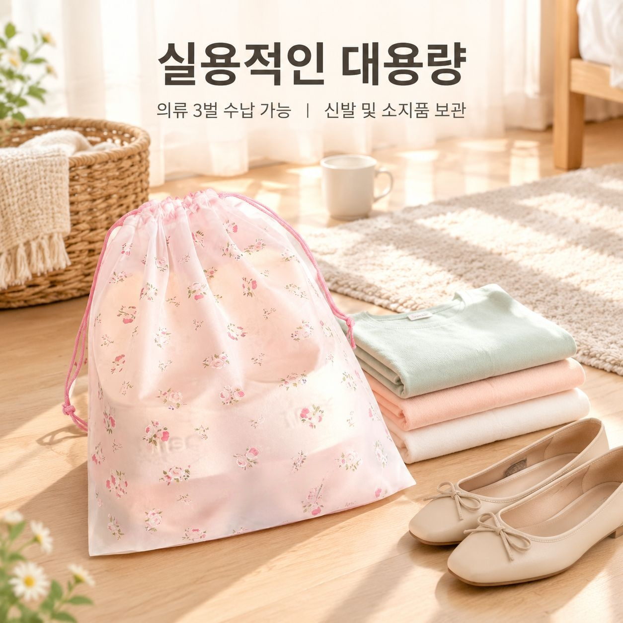 여행복과 신발을 보관할 수 있는 조임끈형 가방