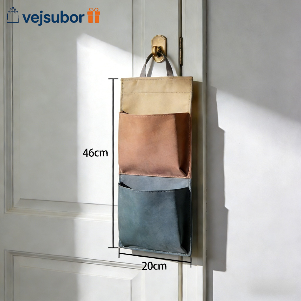Durable fabric storage bag hanging behind a bedroom door
