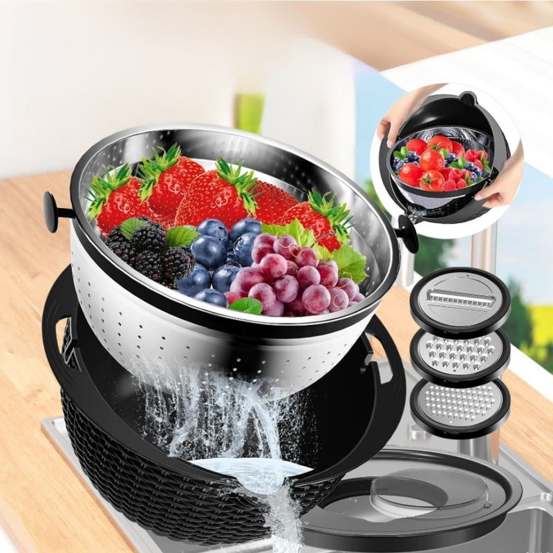 Household rotatable stainless steel double-layer wire washing basket